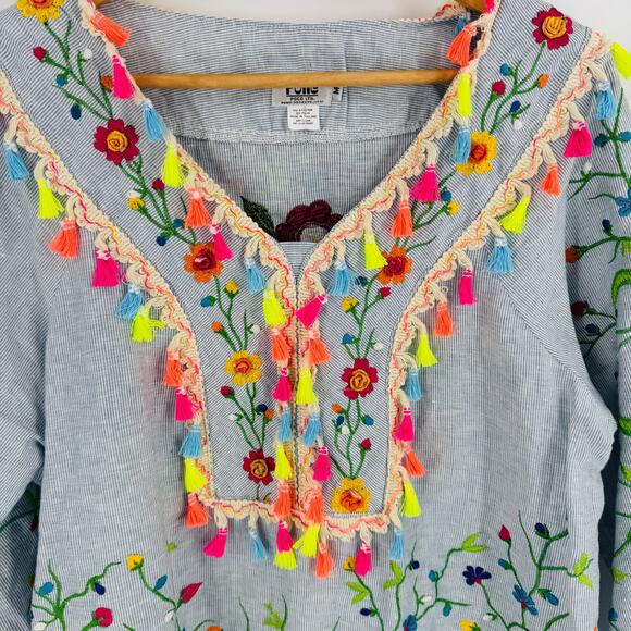 PONG 100% Cotton Embroidered Tassel Tunic Swim Cover Up Blue Stripe Floral M - Picture 3 of 9